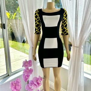 Rubber Ducky Black Sheath Dress Size M Printed 3/4 Sleeves Bodycon